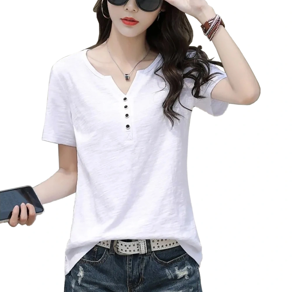 Button Short Sleeve Summer Top V Neck Cool Soft Simple Loose White Button Summer T Shirt White XXL