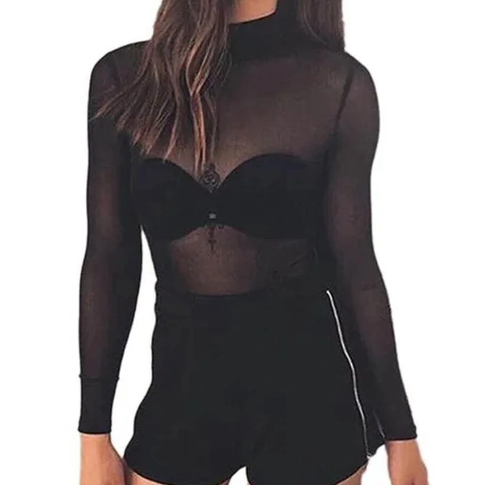 Women Long Sleeve Mesh Top Elegant Breathable Elastic Slim Fit See Through Bottoming Shirt Blouse Black S