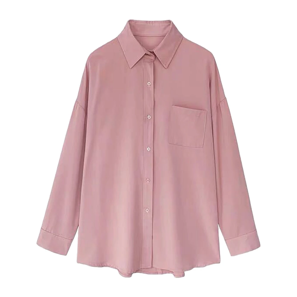 Women Shirt Long Sleeve Turn Down Collar Button Down Loose Fit Casual Lady Blouse for Work Daily Vacation Pink M