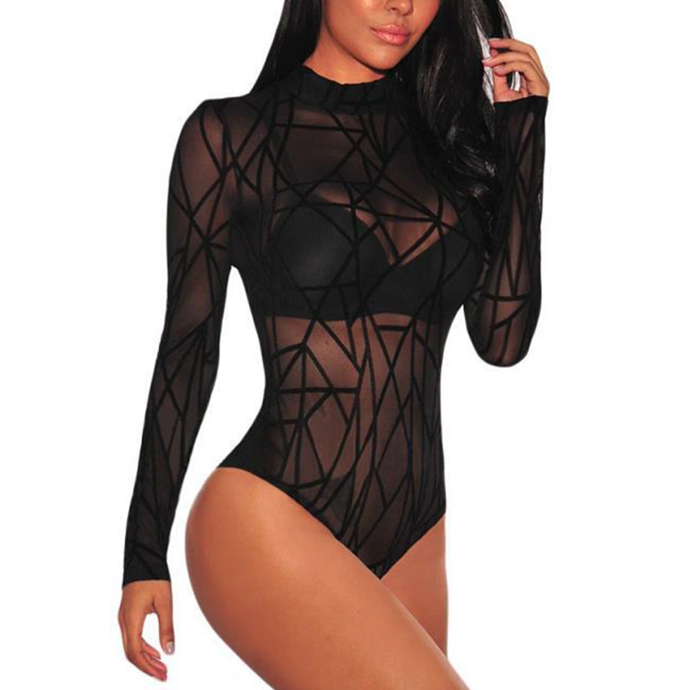 Woman Sheer Mesh Stretchy Bodysuit Long Sleeve See Through Short One Piece Mock Neck Slim Fit Lingerie Black Stripe Flocking XL