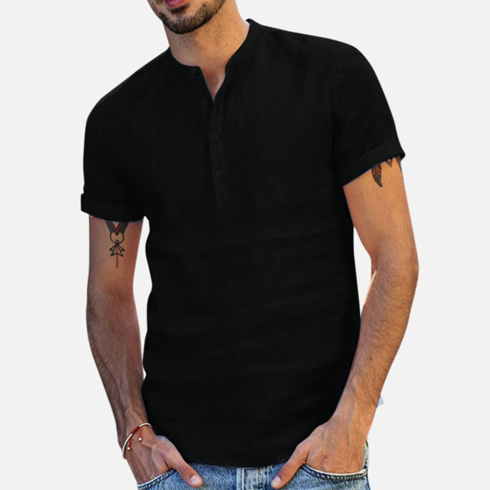 Men Short Sleeve Shirt Button Notch Neck Ergonomic Cut Linen Cotton Breathable Comfortable Men T Shirt Black XL