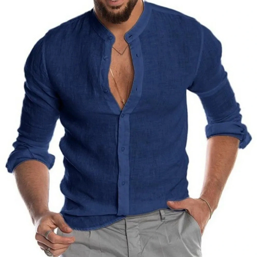 Men Linen Button Up Shirt Navy Blue Fashionable Casual Long Sleeve Stand Collar Beach Shirt Top Navy Blue XXL