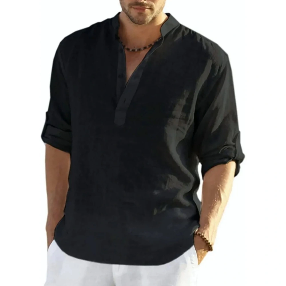 Men Cotton Linen Shirt Long Sleeve Stand Collar 1/3 Button Pure Color Breathable Loose Shirt Black Black L