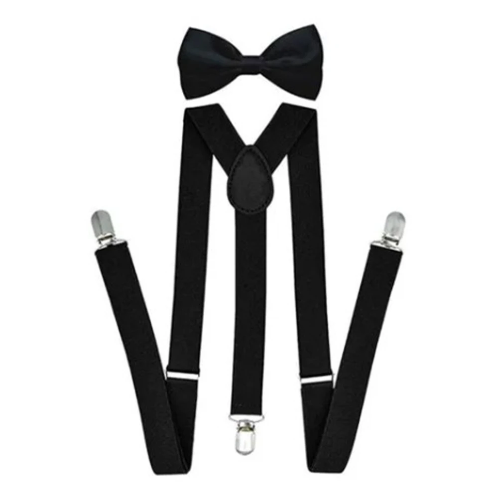 Black Adult Bowtie Suspender Set Adjustable Clip On Elastic Men Suspender for Office Business