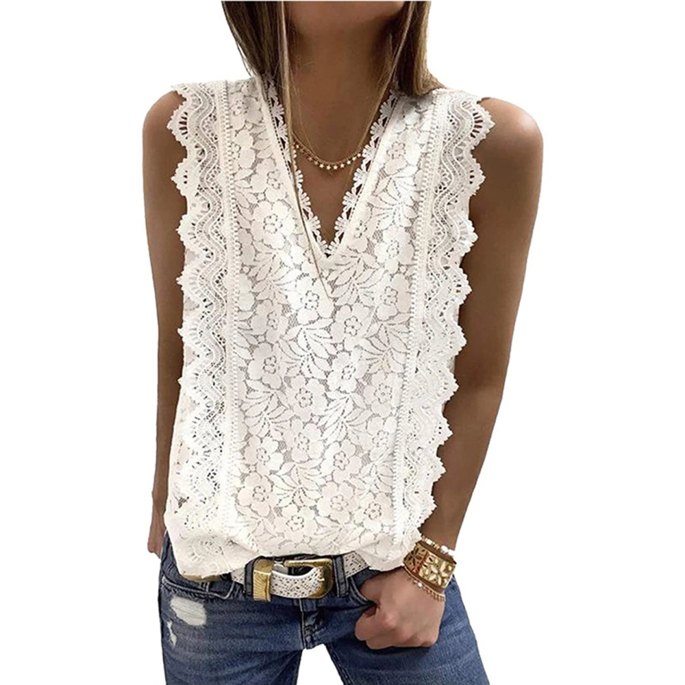 Women Lace V Neck Tunic Tank Top Breathable Casual Sleeveless Shirt Blouse for Summer White L