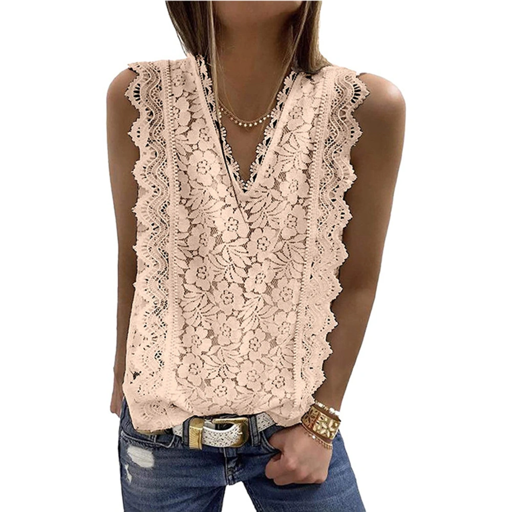 Women Lace V Neck Tunic Tank Top Breathable Casual Sleeveless Shirt Blouse for Summer Apricot M