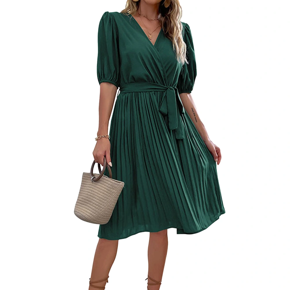 Women Summer Wrap V Neck Dress Casual Elegant Fashionable Pure Color Belted Pleated Dress for Party Green Black M