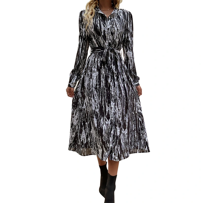 Women Long Dress Turn Down Collar Long Sleeves Button Closure Belted Printing Dress for Spring Black S