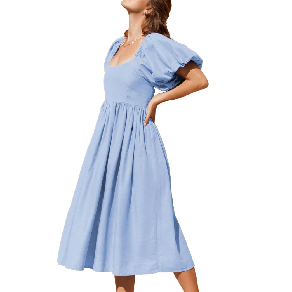 Women Dress A Line Lantern Sleeve Crew Neck Shirred Backless High Waist Summer Dress Blue L