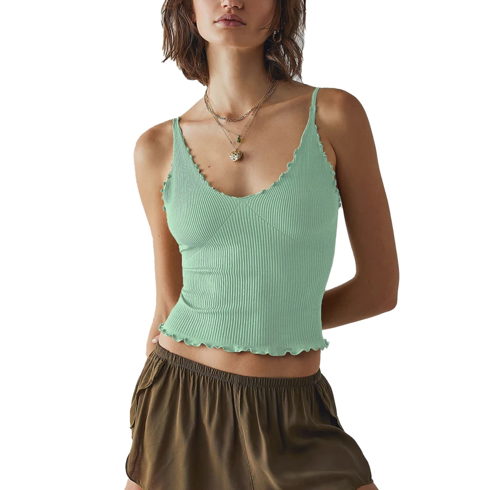 Summer Camisole V Neck Backless Pure Color Erogenous Casual Regulable Polyester Skin Friendly Tank Top for Home Green XL