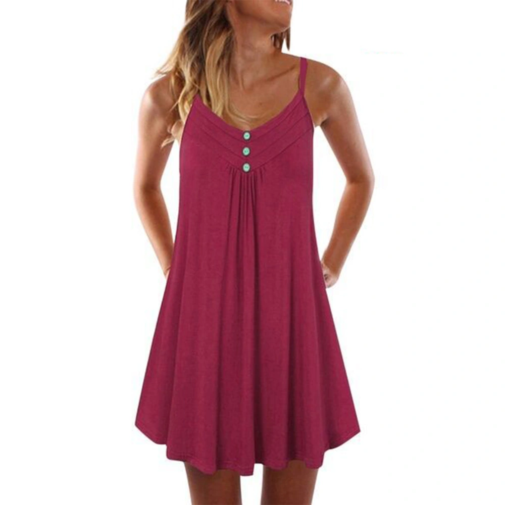 Women Dress V Neck Button Front Sleeveless Spaghetti Strap Pure Color Summer Dress for Female Red L