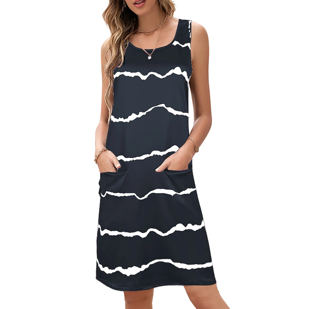 Stripe Sleeveless Dress Casual Loose Sides Pockets Simple Crewneck Summer Stripe Dress Dark Blue XL