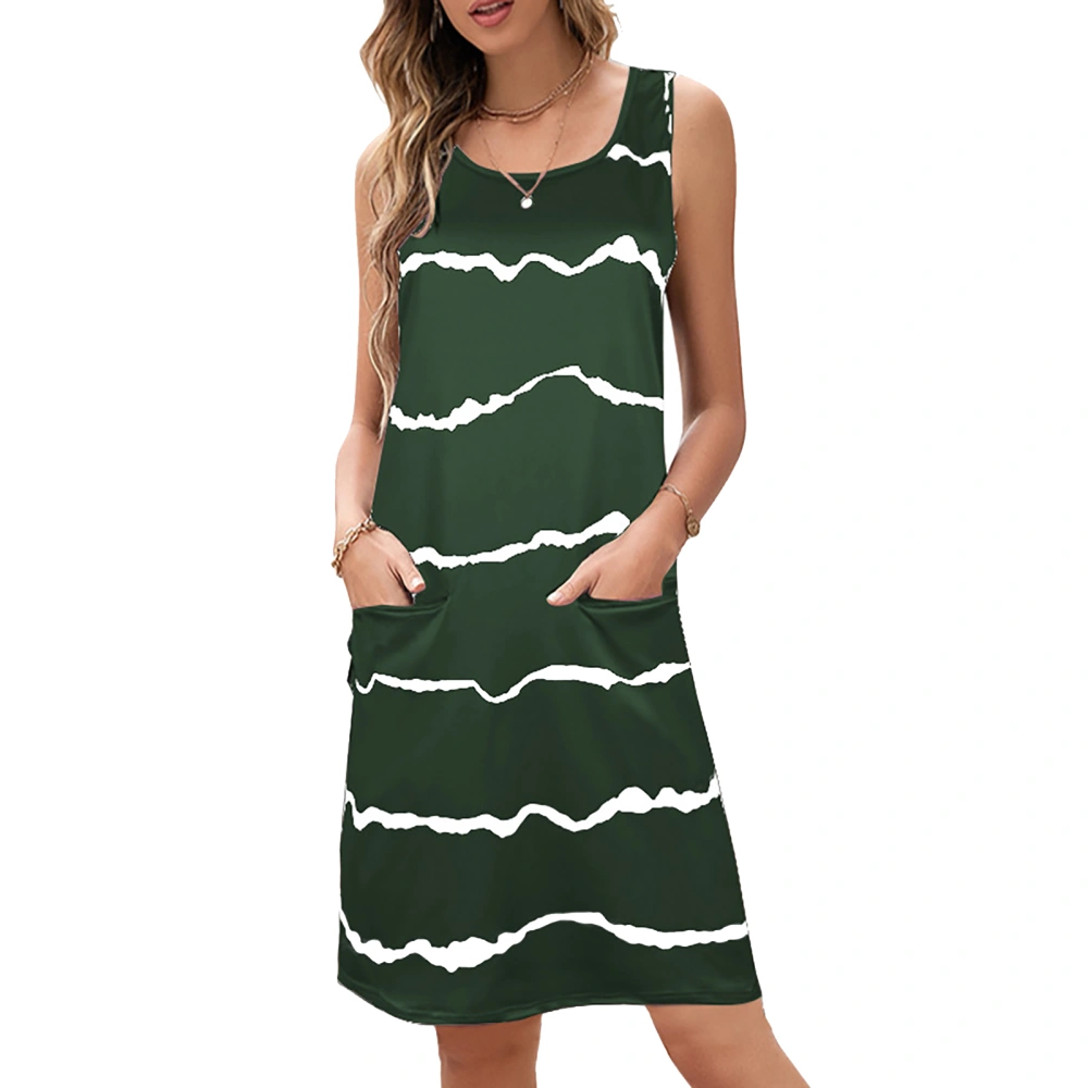 Stripe Sleeveless Dress Casual Loose Sides Pockets Simple Crewneck Summer Stripe Dress OD Green M