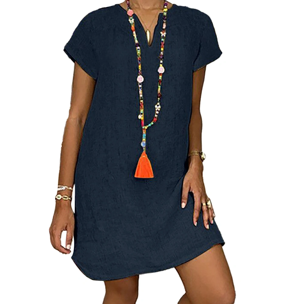 V Neck Short Sleeve Dress Casual Loose Fashion Soft Elastic Simple Flowy Shirt Dress for Summer Dark Blue XL