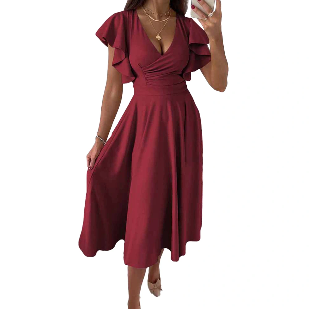 Short Ruffle Sleeve Dress Women Stylish Elegant Pure Color Wrap V Neck Waist Gathered Midi Dress for Work Red L