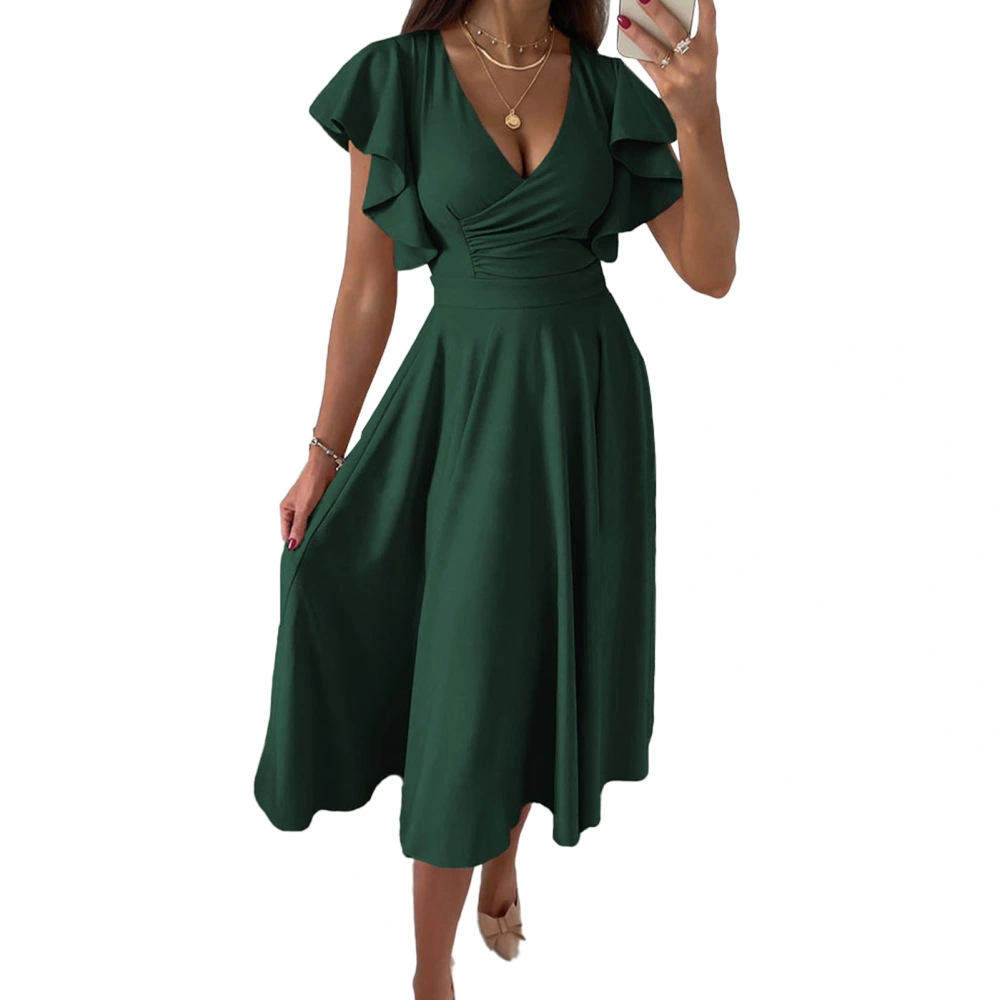 Short Ruffle Sleeve Dress Women Stylish Elegant Pure Color Wrap V Neck Waist Gathered Midi Dress for Work Green M