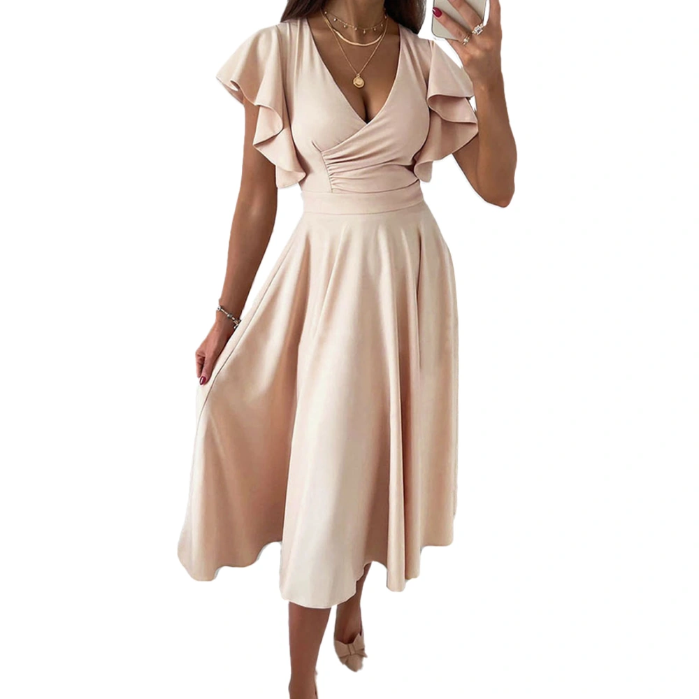 Short Ruffle Sleeve Dress Women Stylish Elegant Pure Color Wrap V Neck Waist Gathered Midi Dress for Work Apricot XL