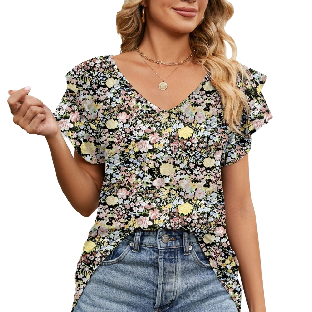 Women V Neck T Shirts Summer Stylish Print Double Ruffles Loose Women Short Sleeve Casual Summer Tops No. 3 Flower L