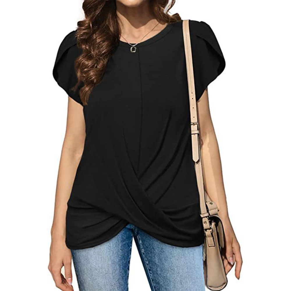 Women Twist Front Shirt Short Petal Sleeve Round Neck Pure Color Loose Causal Women Shirt Top Blouse Black L