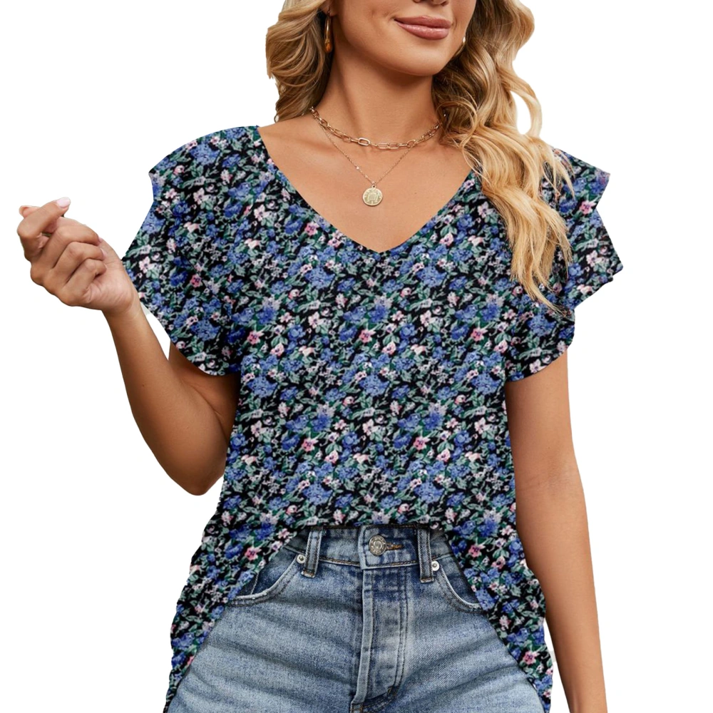 Women V Neck T Shirts Summer Stylish Print Double Ruffles Loose Women Short Sleeve Casual Summer Tops No. 5 Flower L