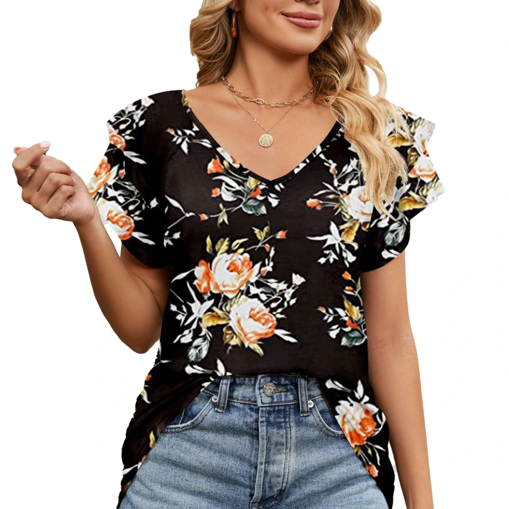 Women V Neck T Shirts Summer Stylish Print Double Ruffles Loose Women Short Sleeve Casual Summer Tops Black Flowers S