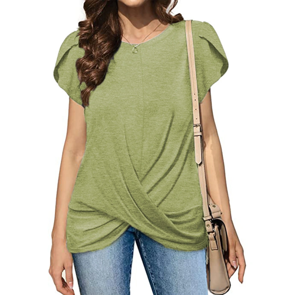 Women Twist Front Shirt Short Petal Sleeve Round Neck Pure Color Loose Causal Women Shirt Top Blouse Light Green XXL