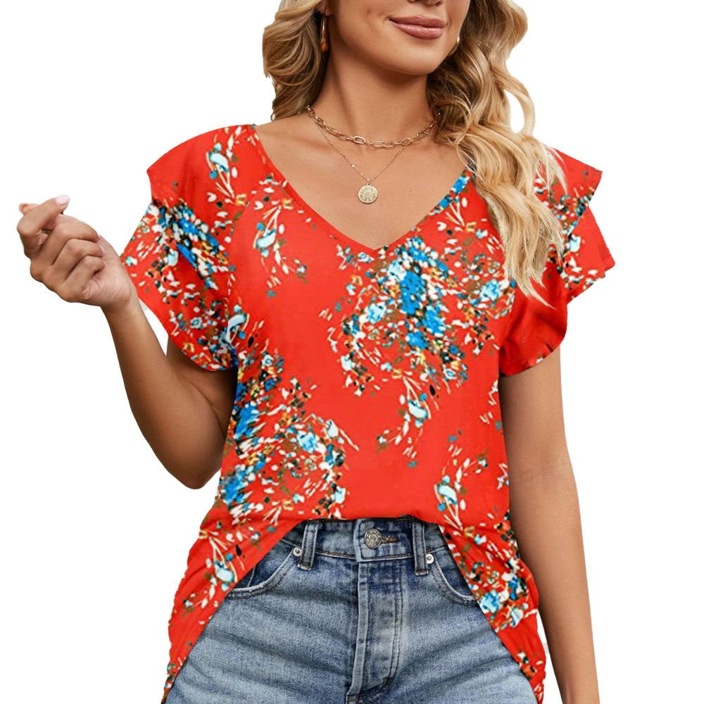 Women V Neck T Shirts Summer Stylish Print Double Ruffles Loose Women Short Sleeve Casual Summer Tops Red Flowers M