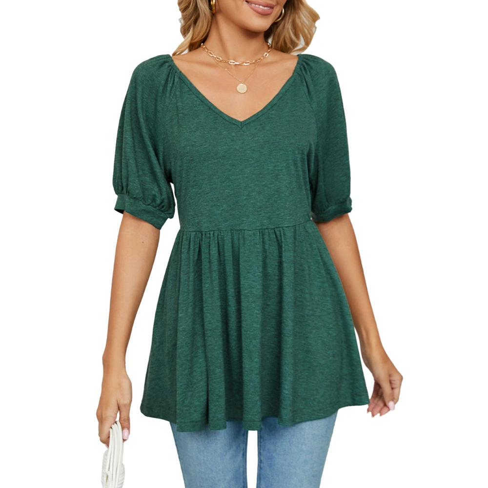 Loose Ruffle Hem Blouse Top V Neck Puff Short Sleeve Women T Shirt Top for Spring Summer Dark Green XL