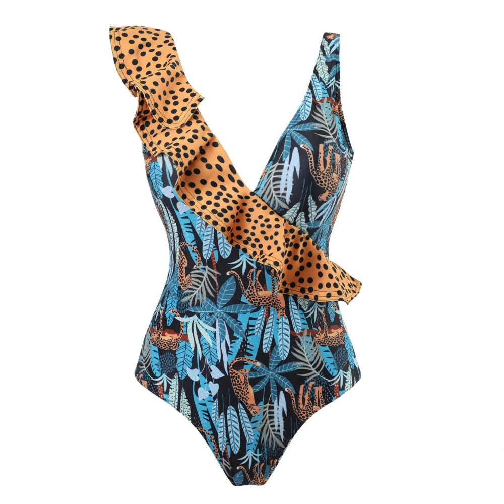 Women One Piece Swimsuit Wireless Bathing Suit Ruffle Stitching Collar High Waist Swimming Bikini Leopard Print S