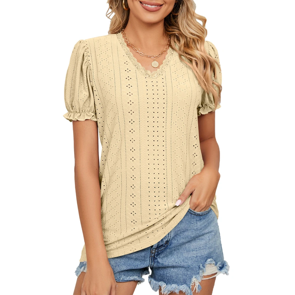 Women T Shirt Short Sleeve Lace Trim V Neck Dotted Hollow Pure Color Lady Pullover Top for Spring Summer Yellow S