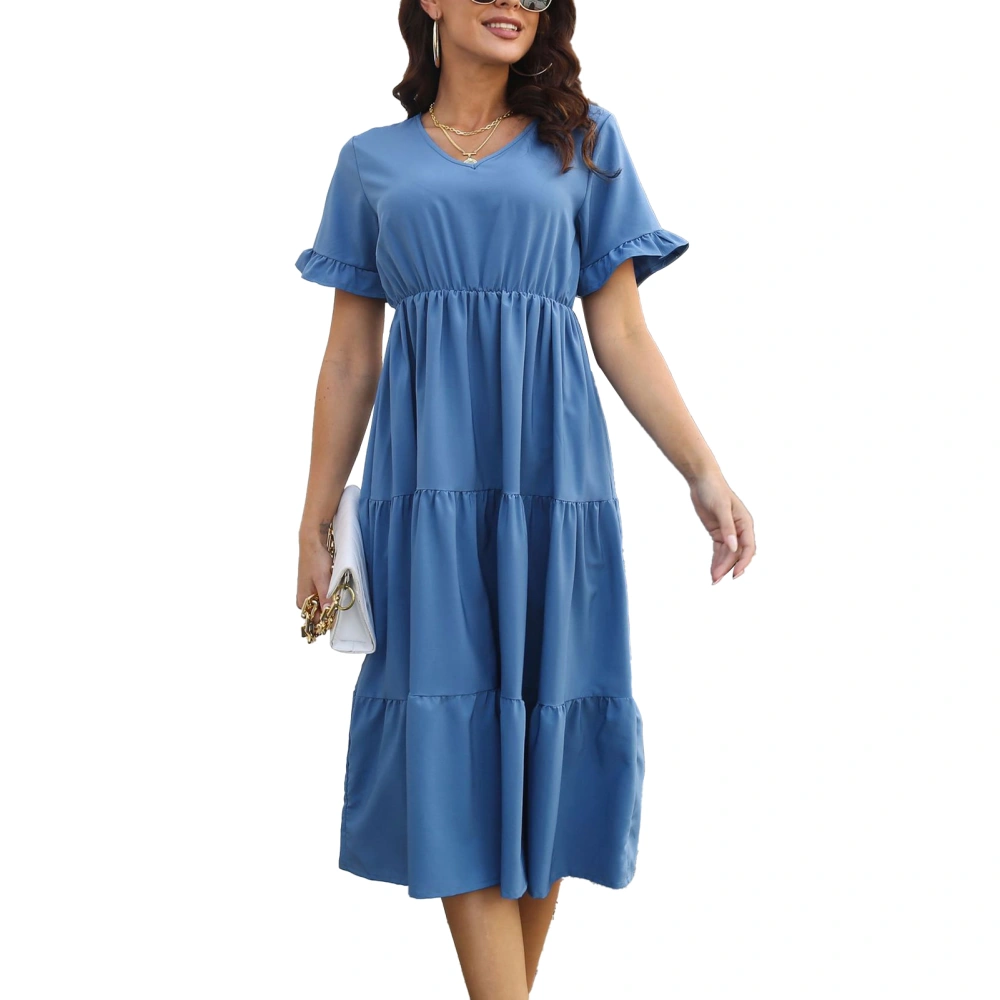 Women Long Dress V Neck Short Sleeves Ruffle Hem Pure Color Casual Dress for Daily Wear Blue XL