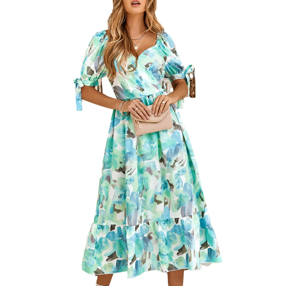 Puff Sleeve Ruffle Maxi Dress Floral Print High Waist V Neck Elegant Flowy Long Dress for Dating Green M