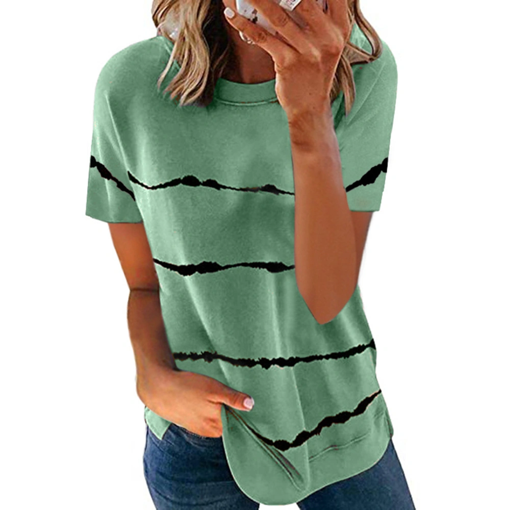 Women Casual Top Round Neck Stripes Pattern Loose Type Summer Short Sleeve T Shirts Light Green S