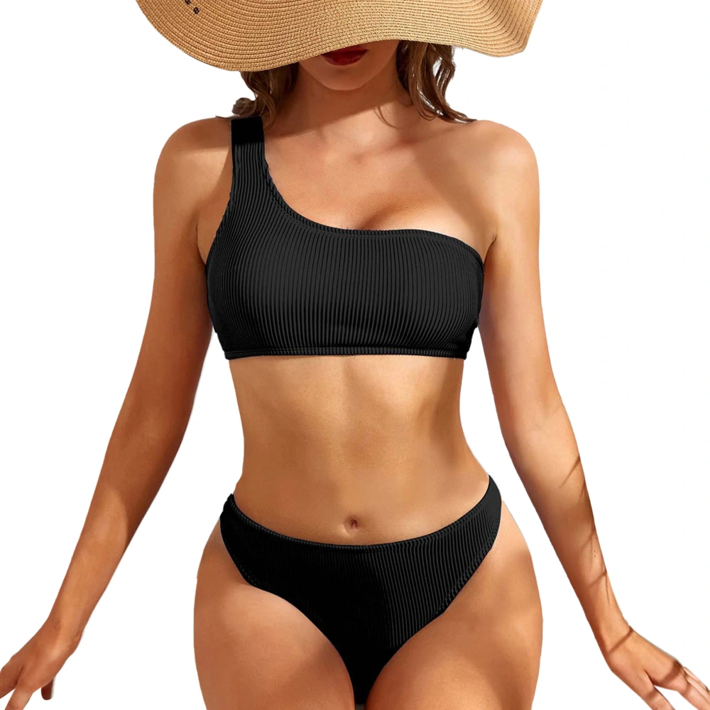 Woman Summer Swimwear Set One Shoulder Top with High Waist Bottom Two Piece Swimsuit Black XL