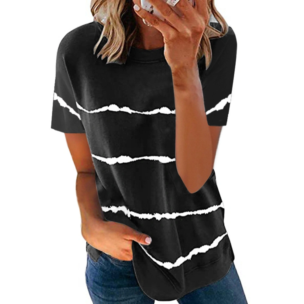 Women Casual Top Round Neck Stripes Pattern Loose Type Summer Short Sleeve T Shirts Black M