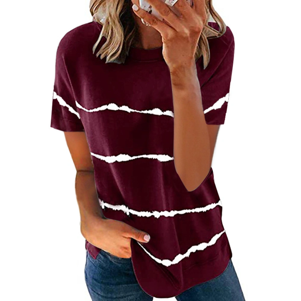 Women Casual Top Round Neck Stripes Pattern Loose Type Summer Short Sleeve T Shirts Deep Wine M