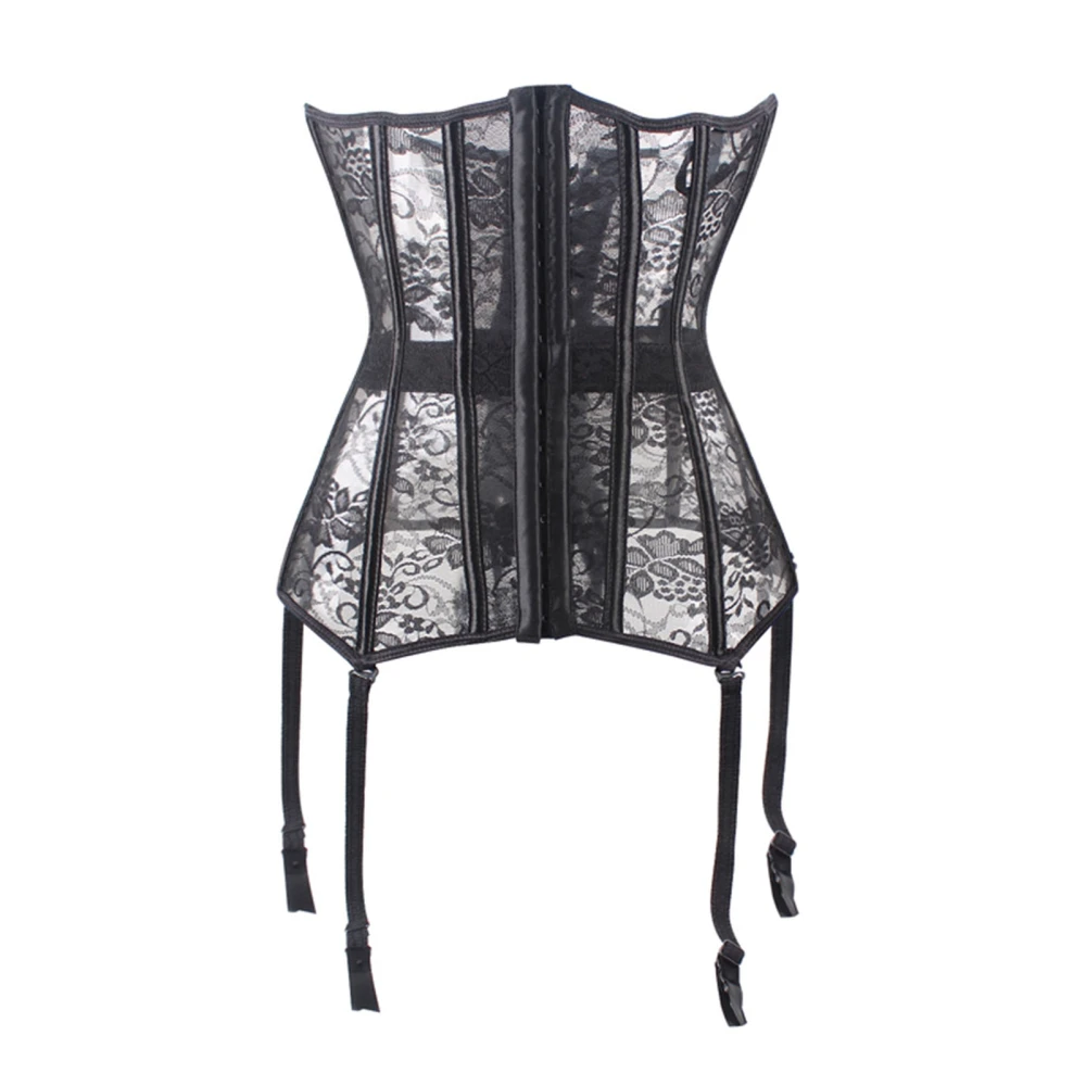 Lace Corset Front Hook Buckle Closure Tie Back Waist Training Top with 6 Garters for Date Night Party Daily Black XL