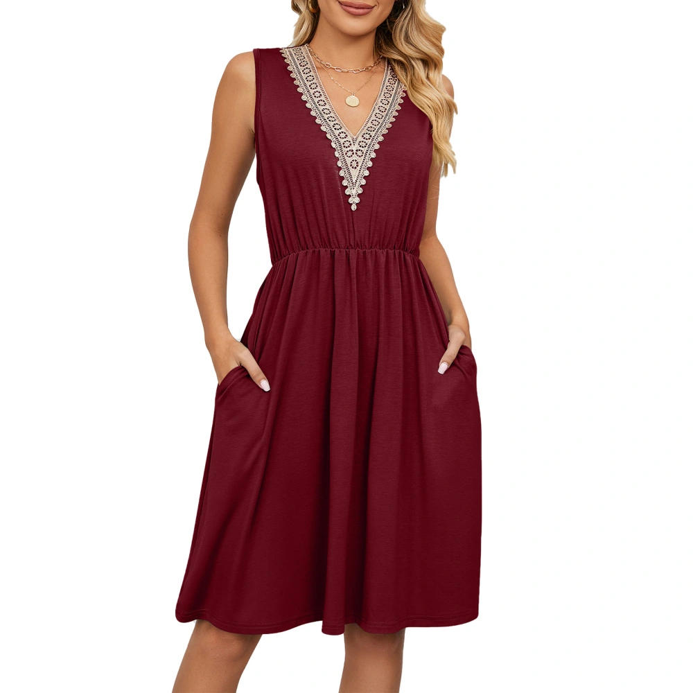 Women Sleeveless Waist Dress with Pockets V Neck Lace Stitching Dress for Spring and Summer Wine Red L