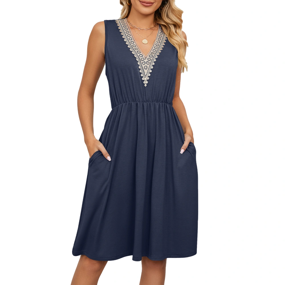 Women Sleeveless Waist Dress with Pockets V Neck Lace Stitching Dress for Spring and Summer Navy Blue XL