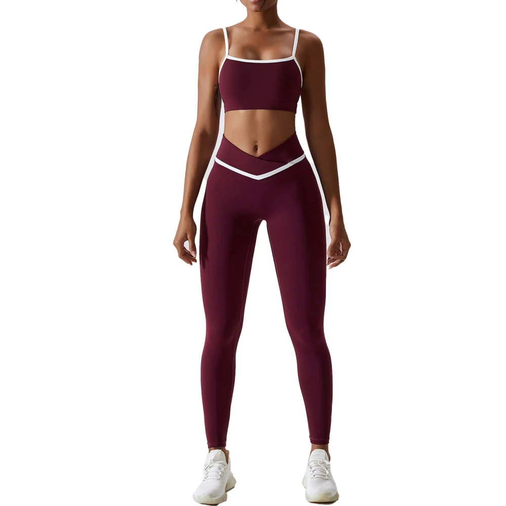 2 Piece Yoga Suit Color Block Spaghetti Strap Cross Waist Female Sport Yoga Suit for Running Pants Vintage Red 12/L