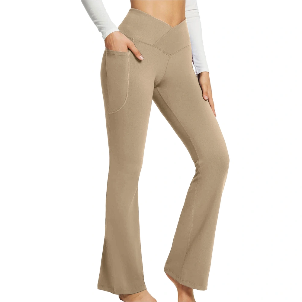 Women Yoga Flared Pants High Waist Slim Fitted External Pocket Fashionable Comfortable Slim Gym Flare Trousers Khaki S