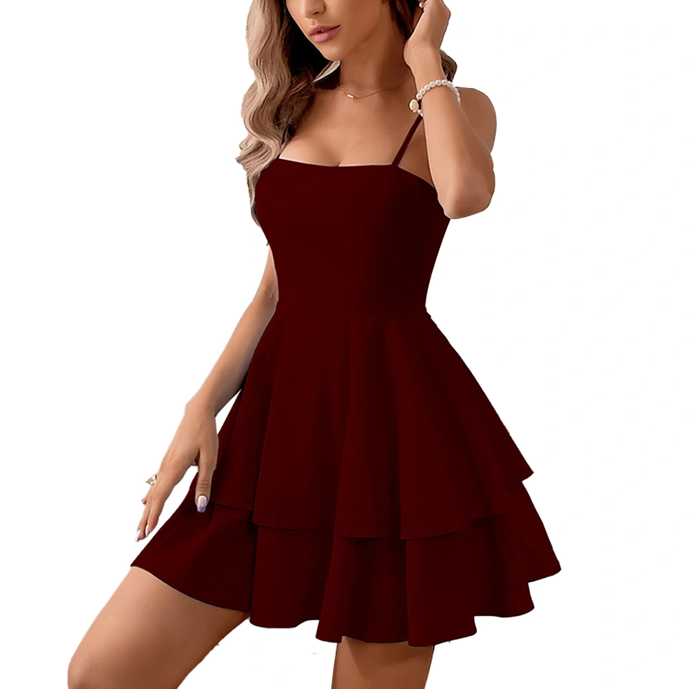 Ruffled Short Dress Spaghetti Strap High Waisted Backless Bow Women Ruffled Dress for Dating Burgundy M