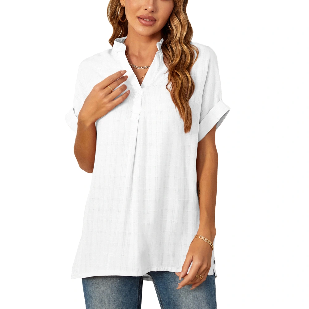 Women Summer V Neck Blouse Comfortable Casual Loose Hem Short Sleeve Shirt for Ladies White L