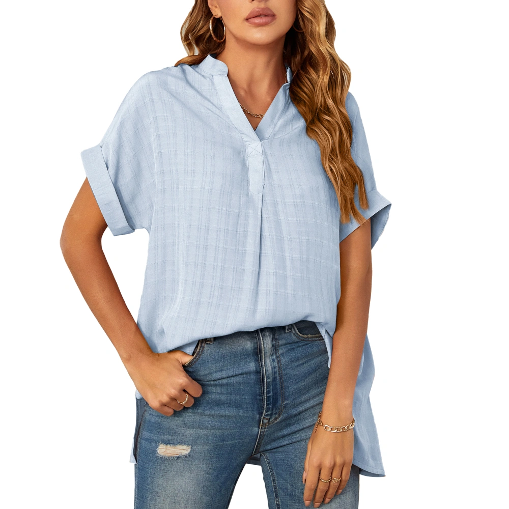 Women Summer V Neck Blouse Comfortable Casual Loose Hem Short Sleeve Shirt for Ladies Light Blue L