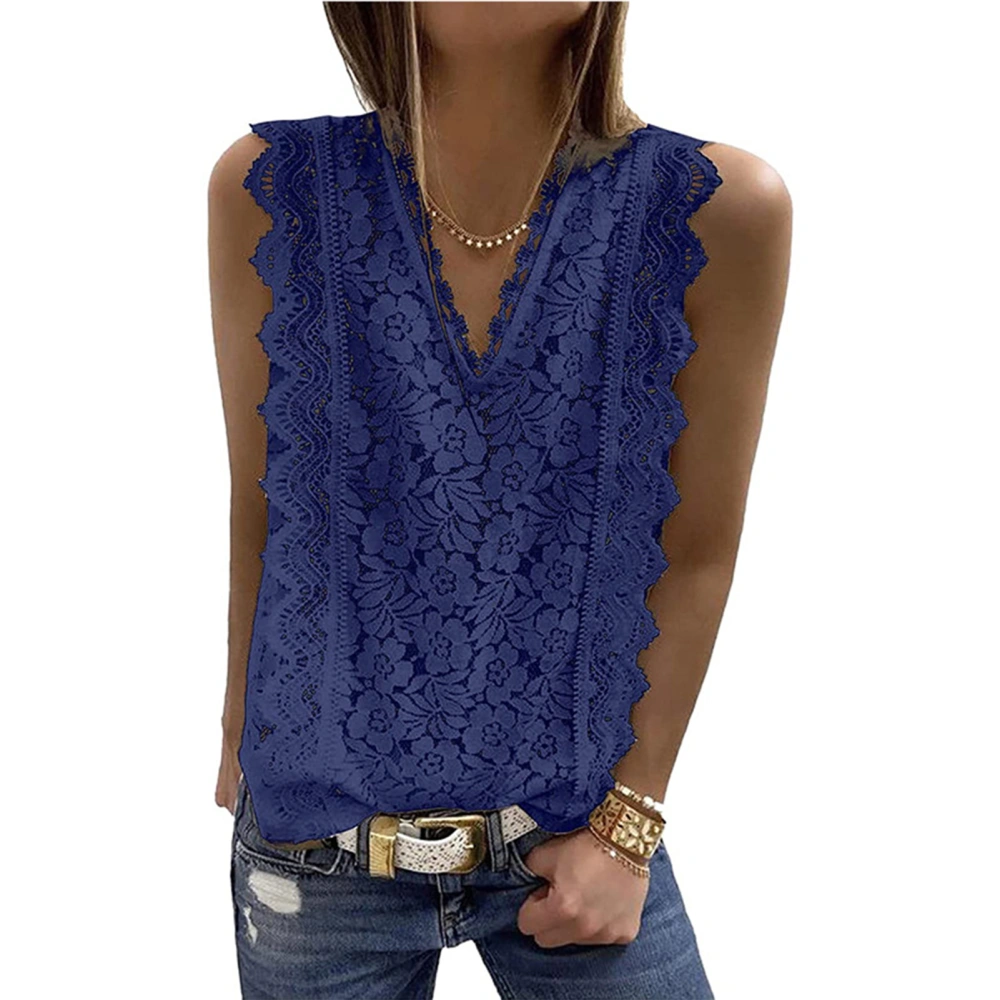 Women Lace V Neck Tunic Tank Top Breathable Casual Sleeveless Shirt Blouse for Summer Dark Blue XXL