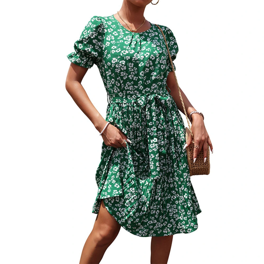 Women Floral Dress Round Neck Short Puff Sleeves Belted Pleated Hem Medium Length Dress for Summer Green XL