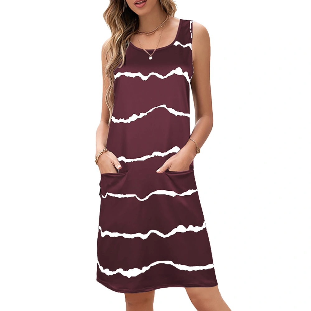 Stripe Sleeveless Dress Casual Loose Sides Pockets Simple Crewneck Summer Stripe Dress Wine Red XXL