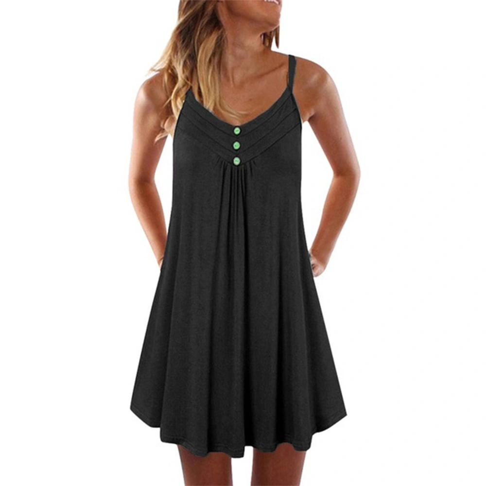 Women Dress V Neck Button Front Sleeveless Spaghetti Strap Pure Color Summer Dress for Female Black L