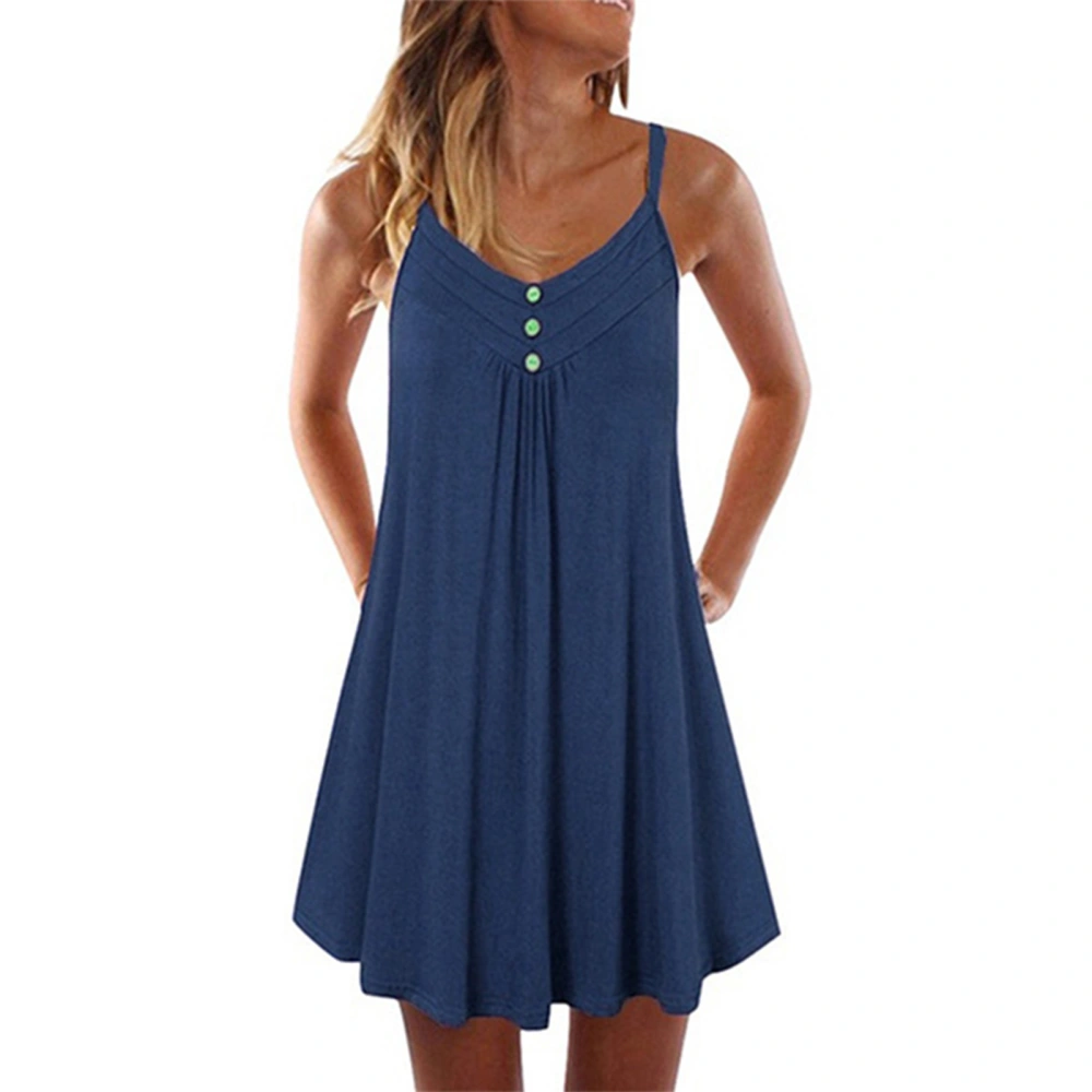 Women Dress V Neck Button Front Sleeveless Spaghetti Strap Pure Color Summer Dress for Female Dark Blue S