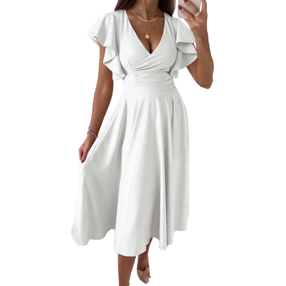 Short Ruffle Sleeve Dress Women Stylish Elegant Pure Color Wrap V Neck Waist Gathered Midi Dress for Work White L